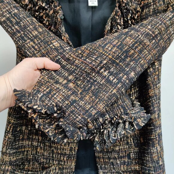 SARA CAMPBELL Open Blazer Jacket Fringed Ruffle Accents Black Brown Neutral 2 - Picture 5 of 10